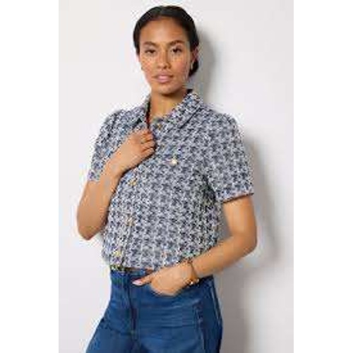 Evereve Lady Like Tweed Cropped Navy White Gold Button Short Sleeve Size S